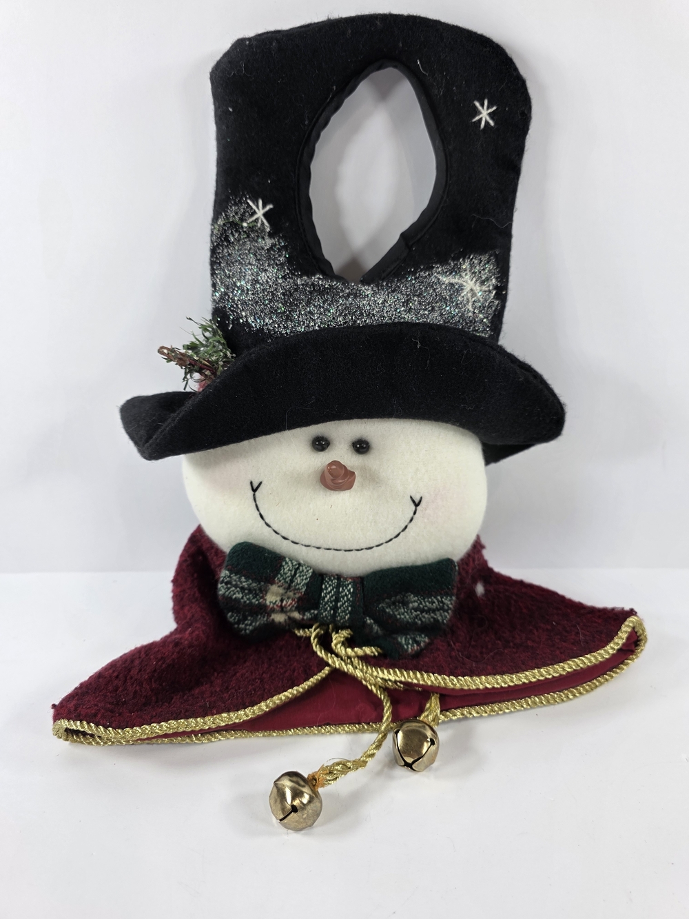 Vintage Soft Cloth Door Hanger Snowman Christmas Top Hat And Cape